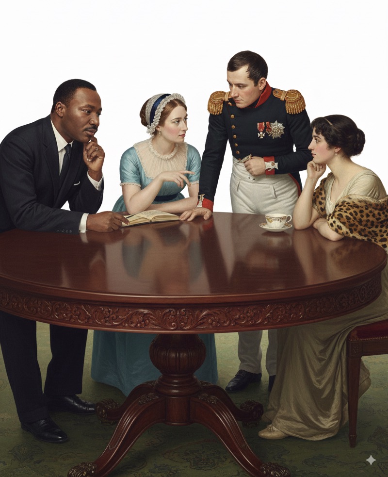 Historical figures gathered around a table, brought to life by Humy.ai