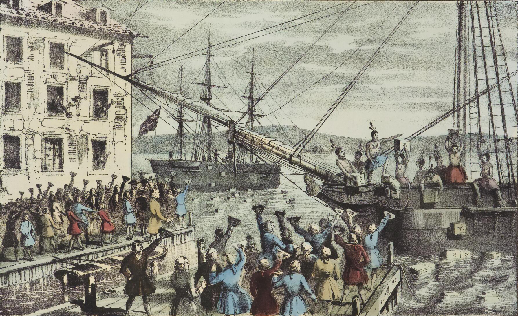 Currier lithograph of the Boston Tea Party