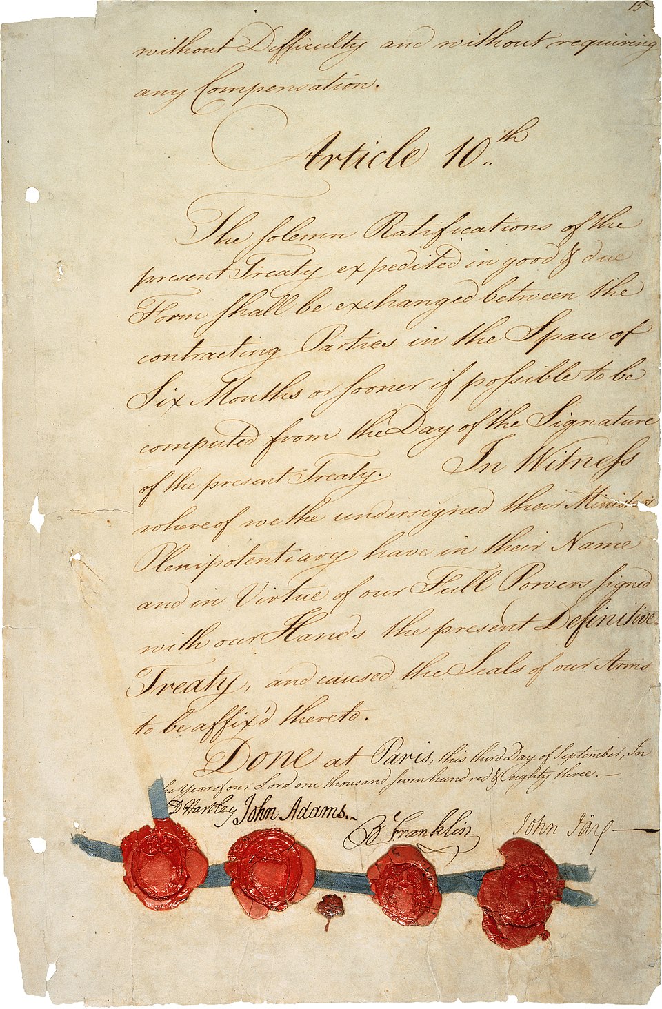 The last page of the Treaty of Paris, 1783