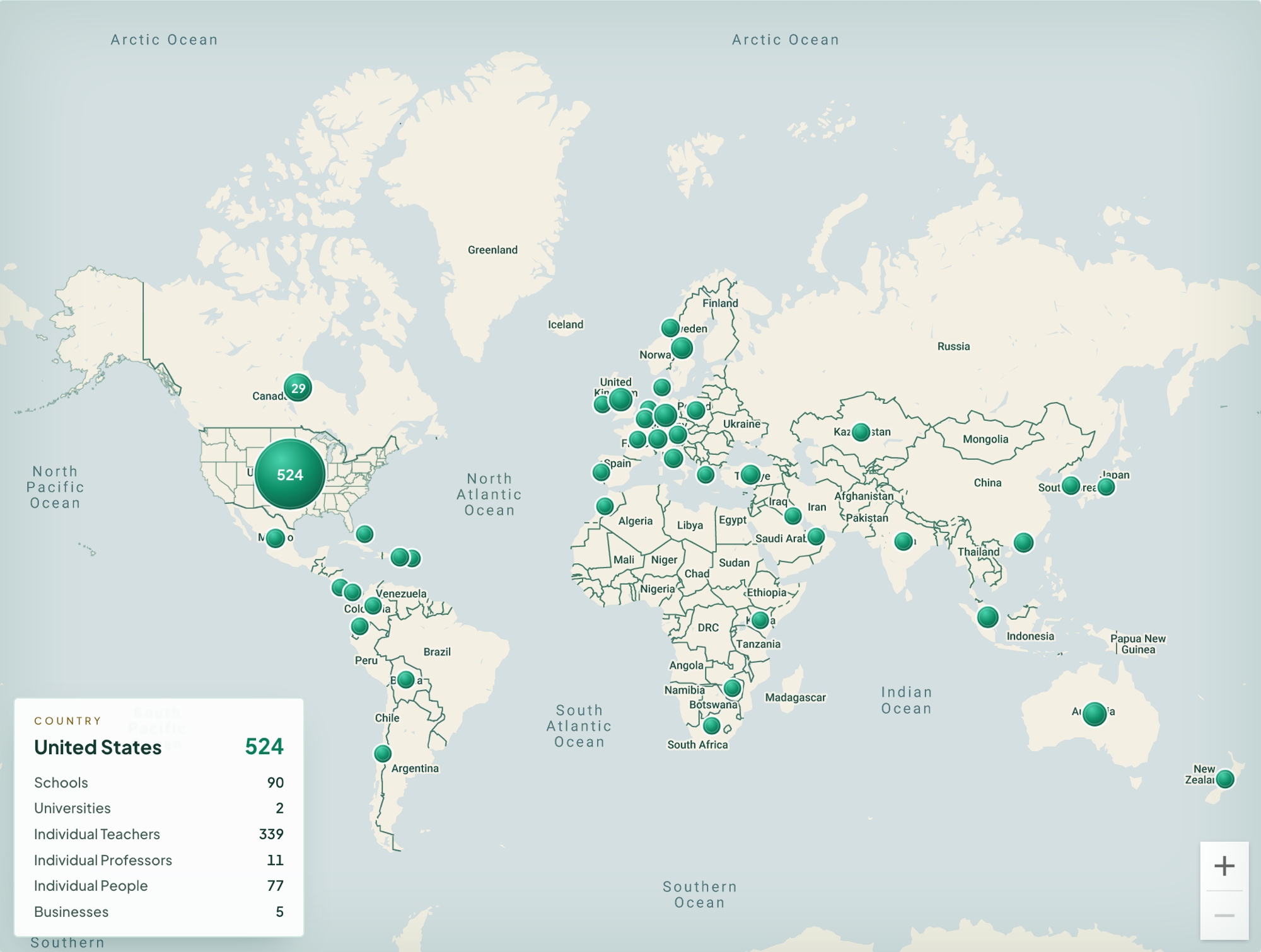 World map of Humy.ai customers across 42 countries