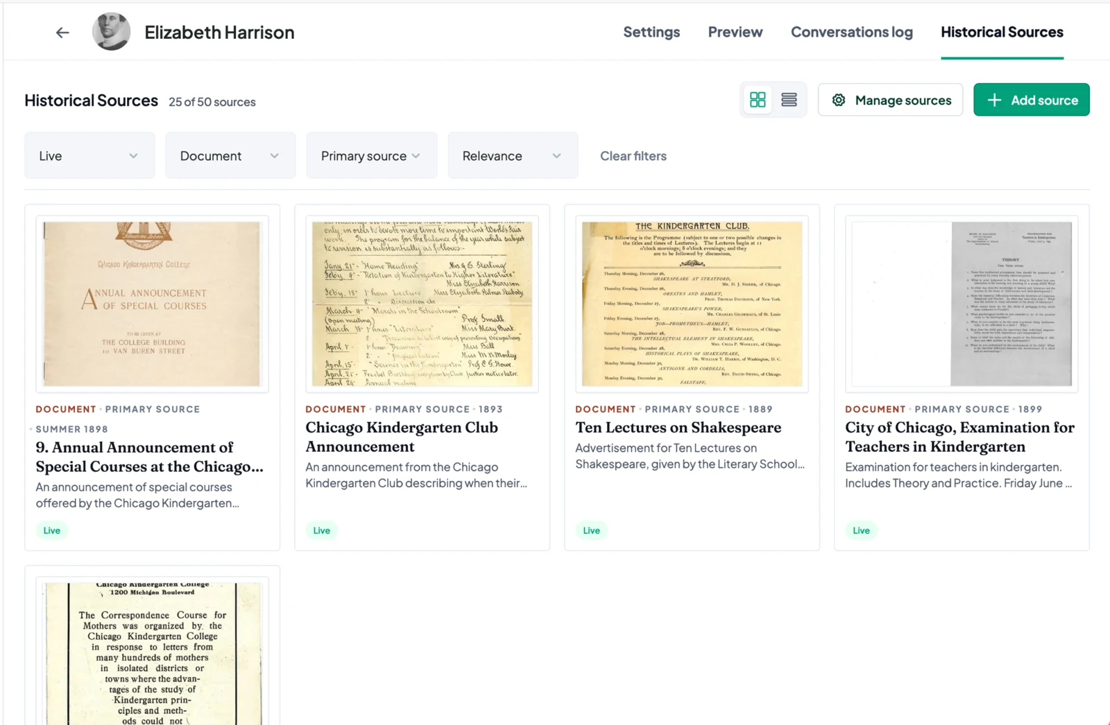 The Historical Sources workspace for Elizabeth Harrison, showing 25 curated primary sources from the National Louis University library