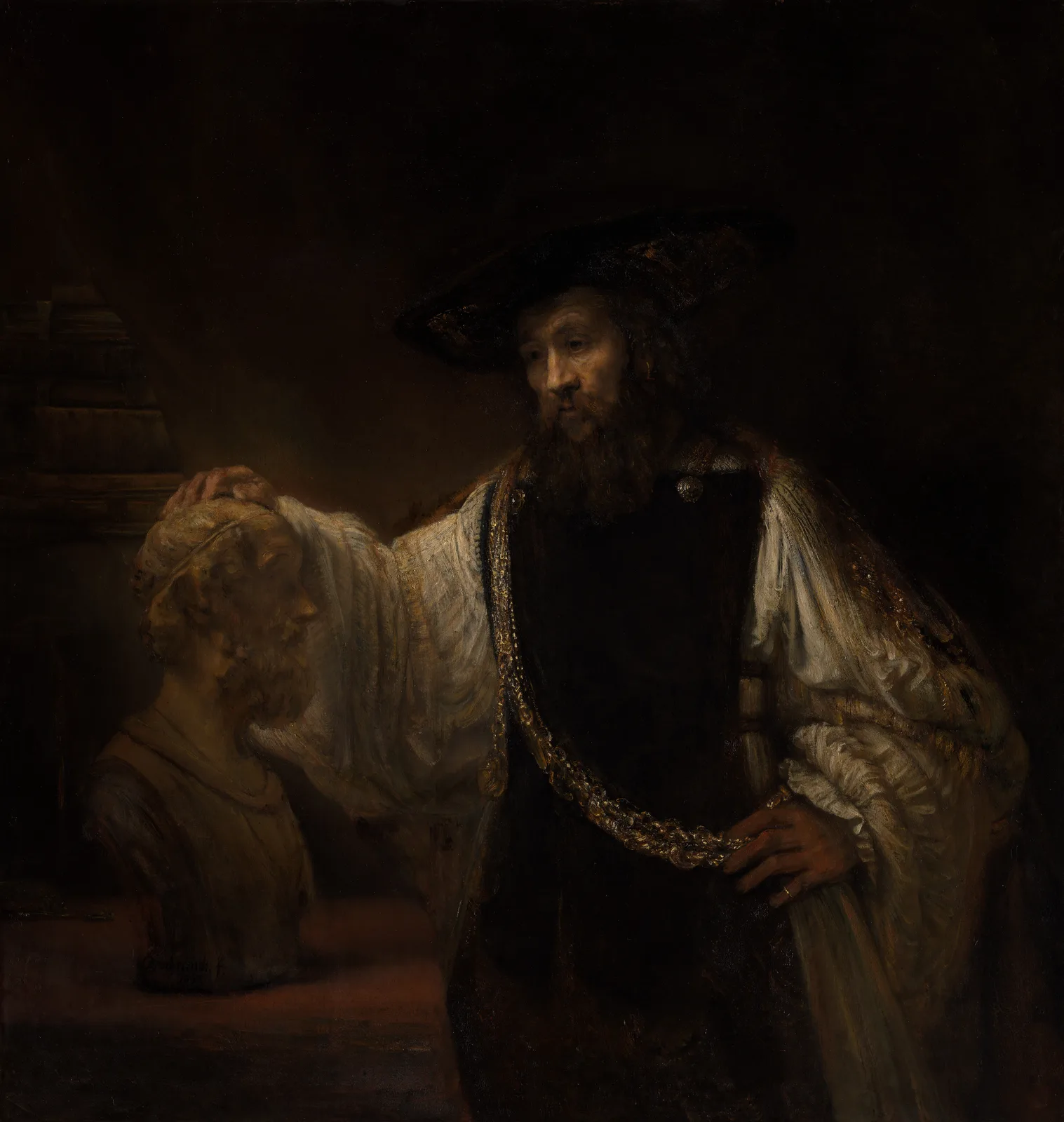 Rembrandt's painting Aristotle with a Bust of Homer: the philosopher in a broad hat and gold chain, resting his right hand on the marble head of the blind poet